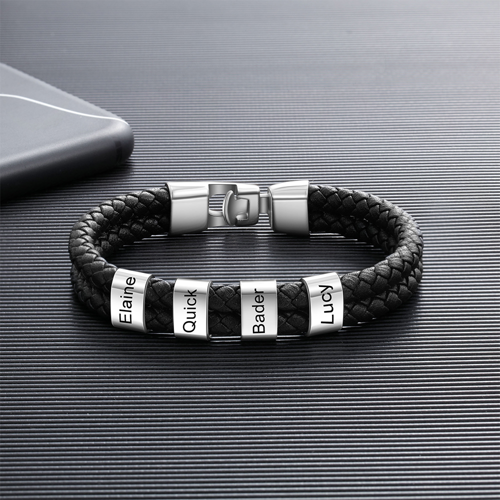 Pulsera 1-8 Nombres Personalizados de Cuero Trenzado con Aros-Jessemade ES