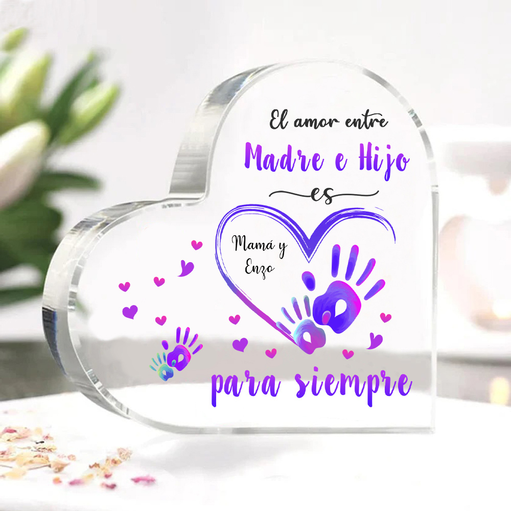 A mi mamá-Placa de acrílico en forma de corazón mano y manita 1 texto personalizado-Jessemade ES