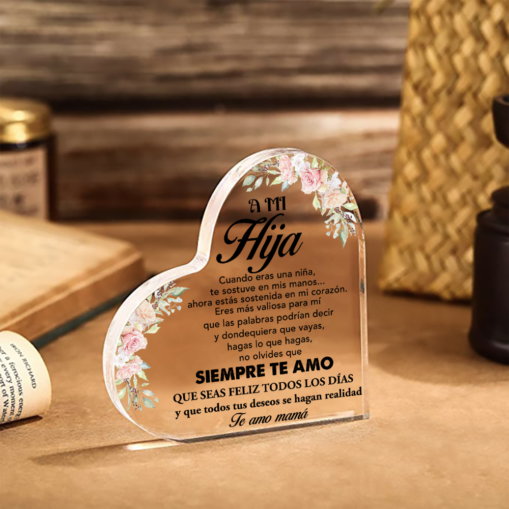 A mi hija-Placa de acrílico en forma de corazón con 1 texto personalizado-Jessemade ES