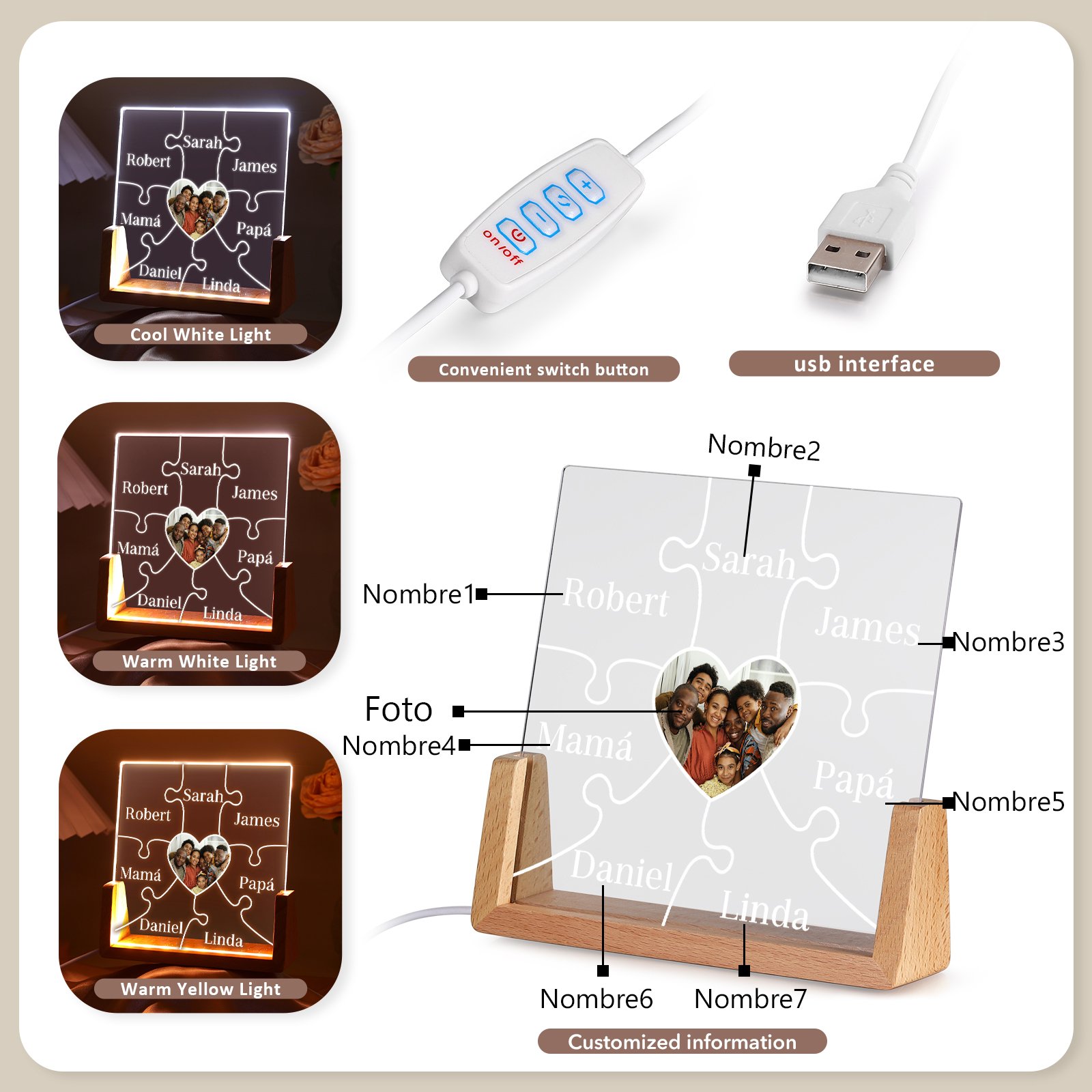 A mi mamá/abuela-Lámpara Personalizada con 2-7 Nombres y Foto "rompecabezas" 3D Ilusión Luz de Noche-Jessemade ES
