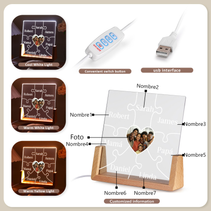 A mi mamá/abuela-Lámpara Personalizada con 2-7 Nombres y Foto "rompecabezas" 3D Ilusión Luz de Noche-Jessemade ES