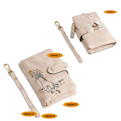 Cartera, billetera con 4 nombres y 1 foto personalizados mano con manito monedero clásico para mujer-Jessemade ES