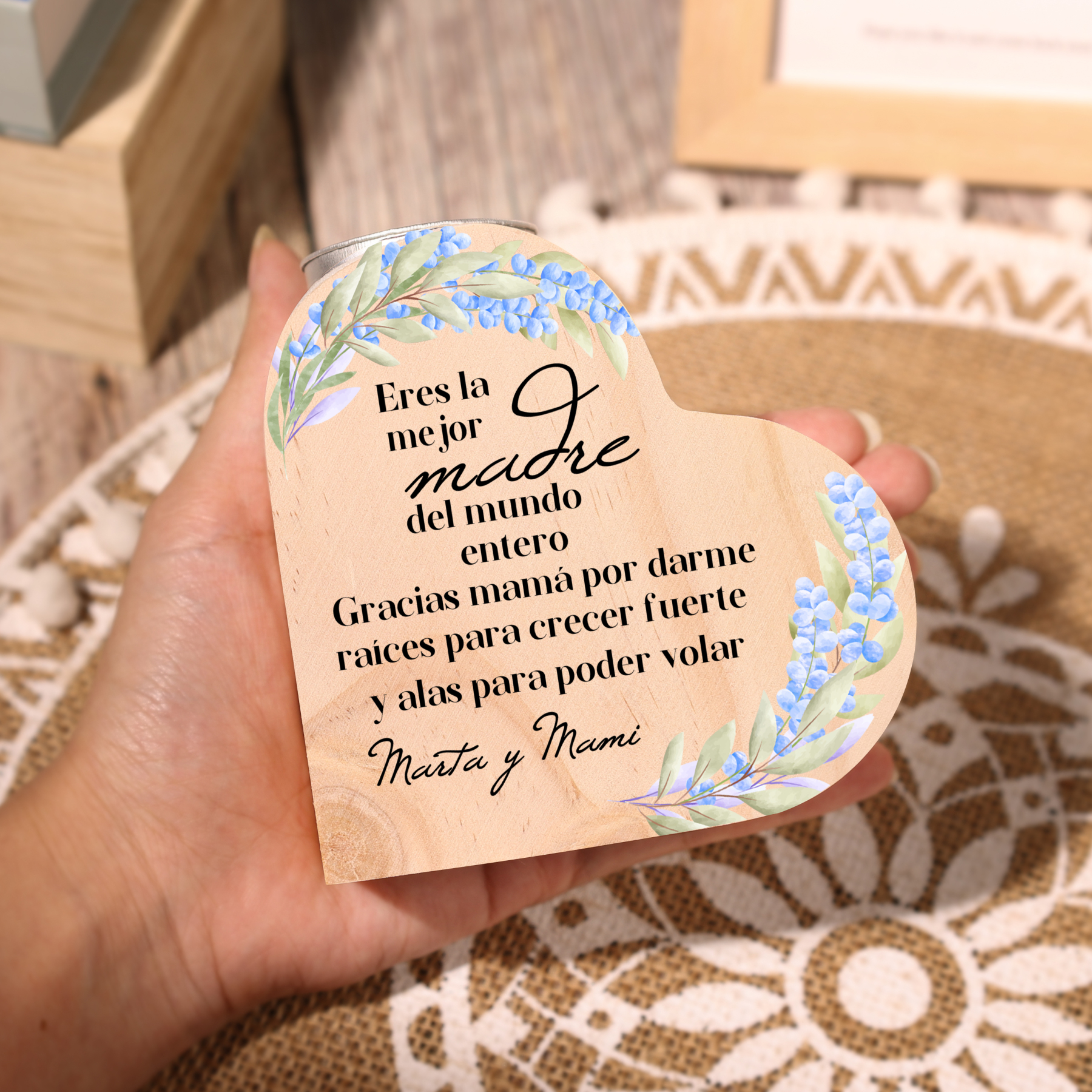 A mi mamá-Candelero con texto personalizado en forma de corazón de madera sin candela-Jessemade ES