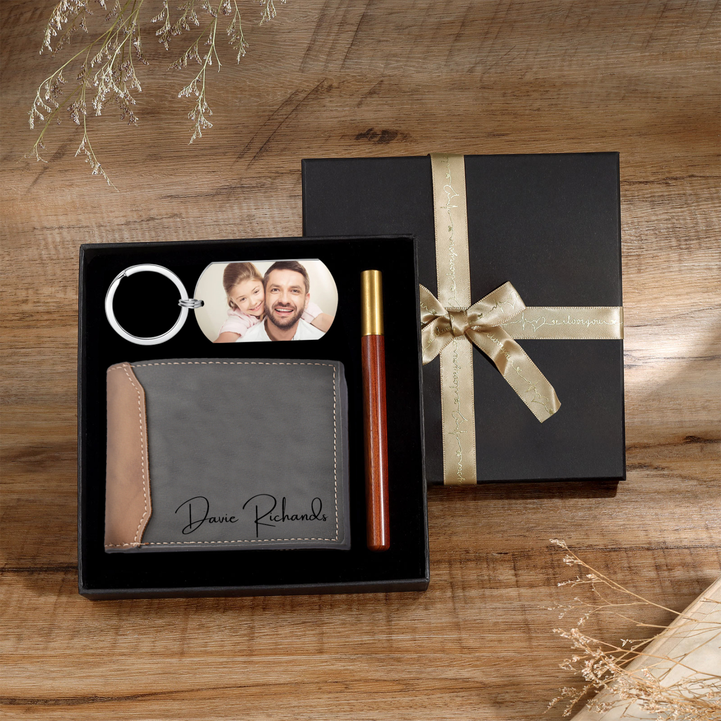 Kit de regalo-Llavero, cartera y bolígrafo con 2 textos personalizados con 2 fotos para hombre-Jessemade ES
