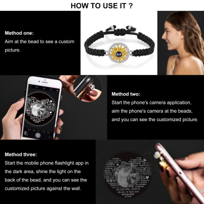 Pulsera con proyección de foto con dije de girasol cuerda negra-Jessemade ES