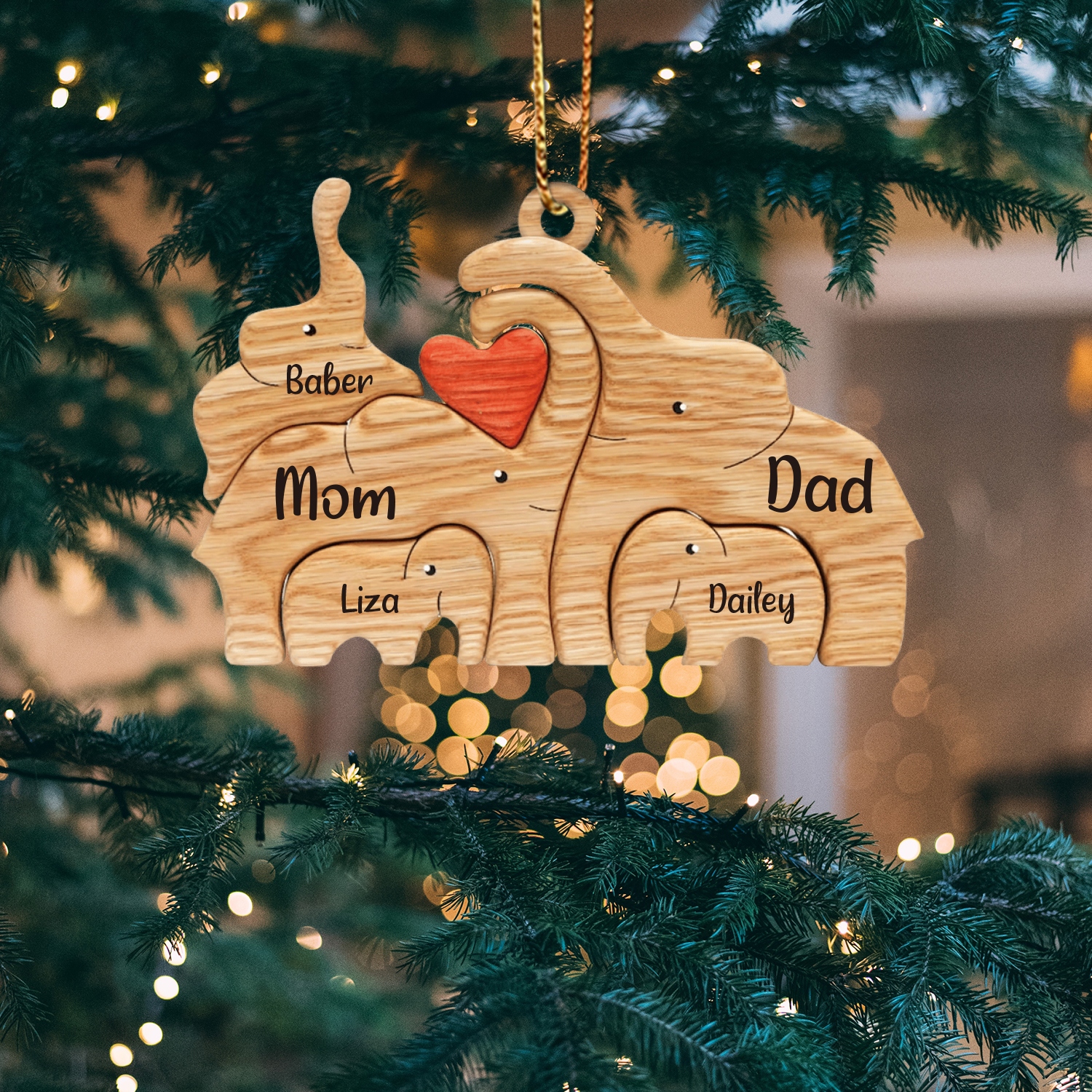 Navidad-Ornamento muñecos navideño de madera familia de elefantes 5 nombres personalizados adorno del árbol-Jessemade ES
