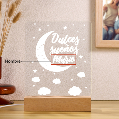 Lámpara Ilusión 3D Luz de Noche LED Dulces Sueños Luna y Nubes con Nombre Personalizado-Jessemade ES