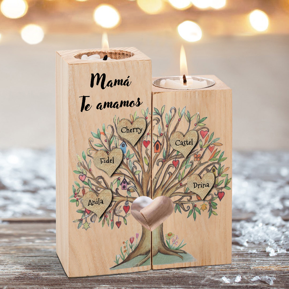 A la familia-Candelero de árbol de la vida de madera personalizado con 3-8 nombres y 1 texto sin vela-Jessemade ES