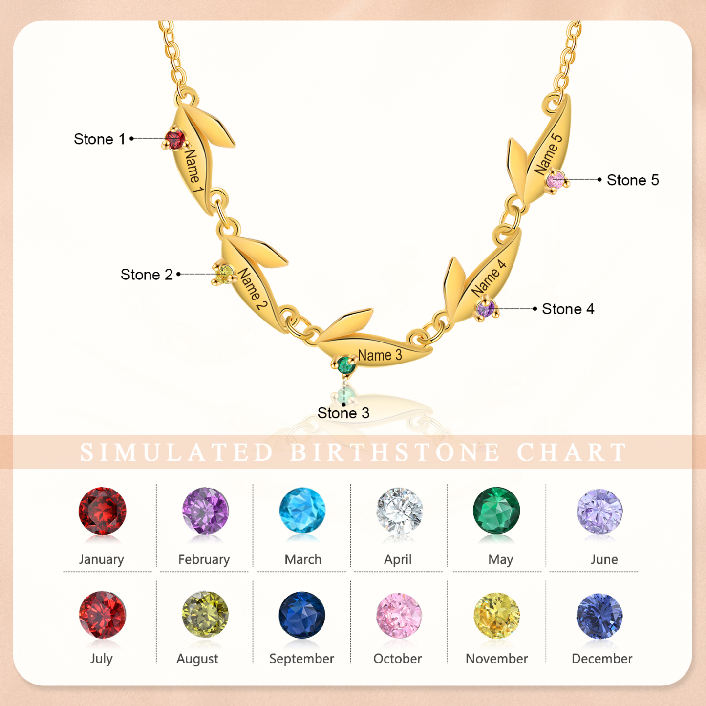 Collar con colgante de hojas con 2-6 nombres personalizados y 2-6 piedras de nacimiento-Jessemade ES
