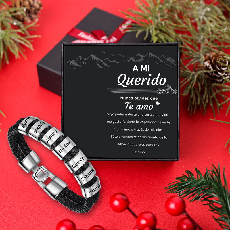 A mi querido-Pulsera de cuero trenzado Pulsera de hombre con 7 aros personalizados con 7 nombres-Jessemade ES