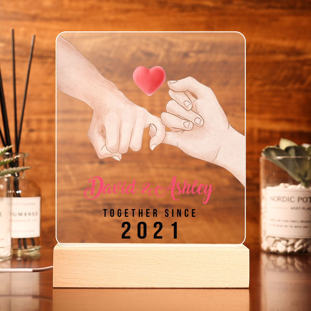 Lámpara dedos cogidos para pareja 3D Ilusión Luz de Noche LED 2 nombres, texto y año personalizados -Jessemade ES