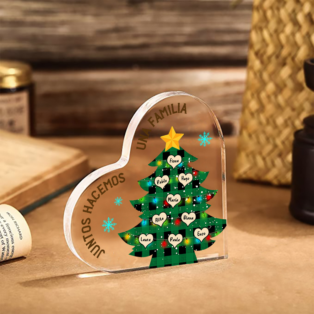 Navidad - Placa de acrílico en forma de corazón árbol con luces con 9 nombres personalizados-Jessemade ES