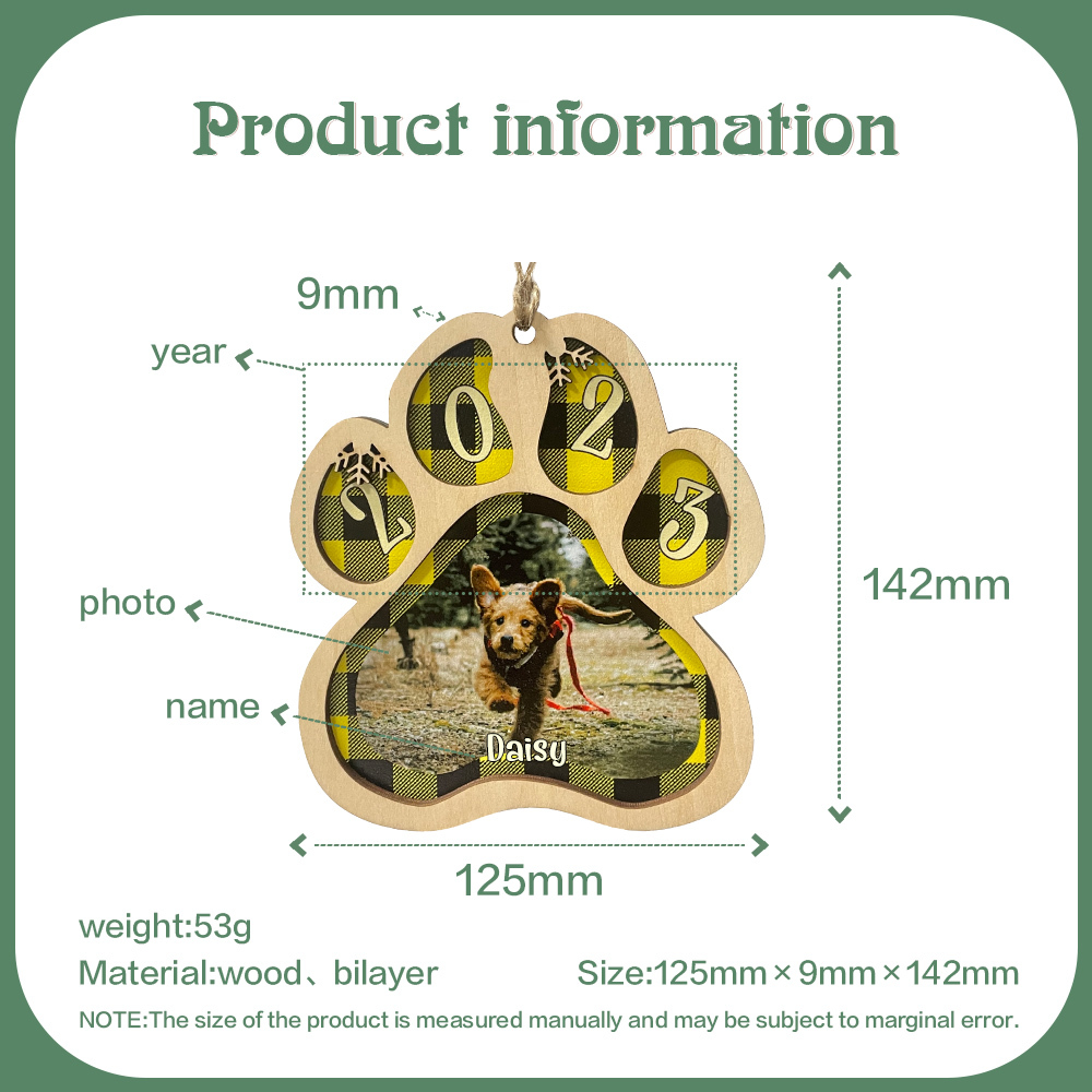 Navidad-Ornamento navideño de madera pata de perro con 1 nombre y 1 foto personalizados