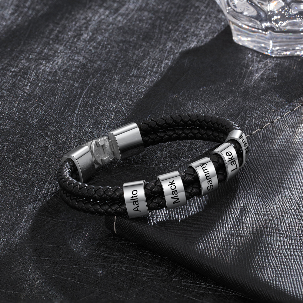 A mi papá-Pulsera de cuero trenzado Pulsera de hombre con 5 aros personalizados con 5 nombres-Jessemade ES