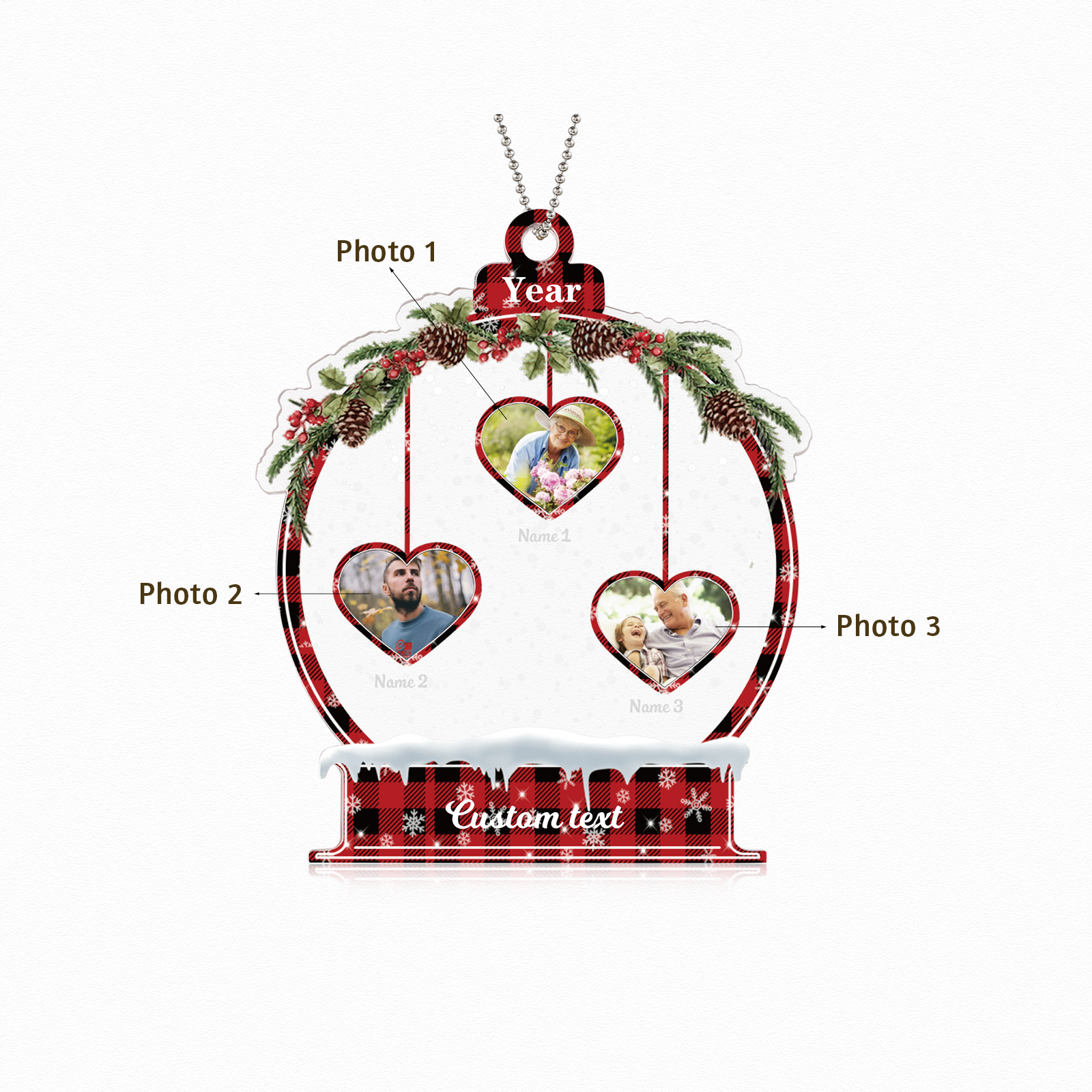 Navidad-Ornamento navideño de acrílico bola de cristal con 3 nombres, 3 fotos y 1 texto personalizados-Jessemade ES