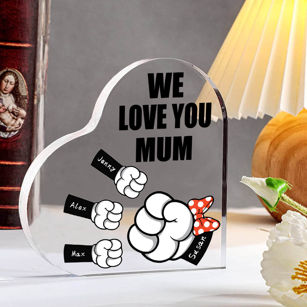 A mi mamá/abuela-Placa de acrílico "Puños" en forma de corazón 4 nombres y 1 texto personalizados-Jessemade ES