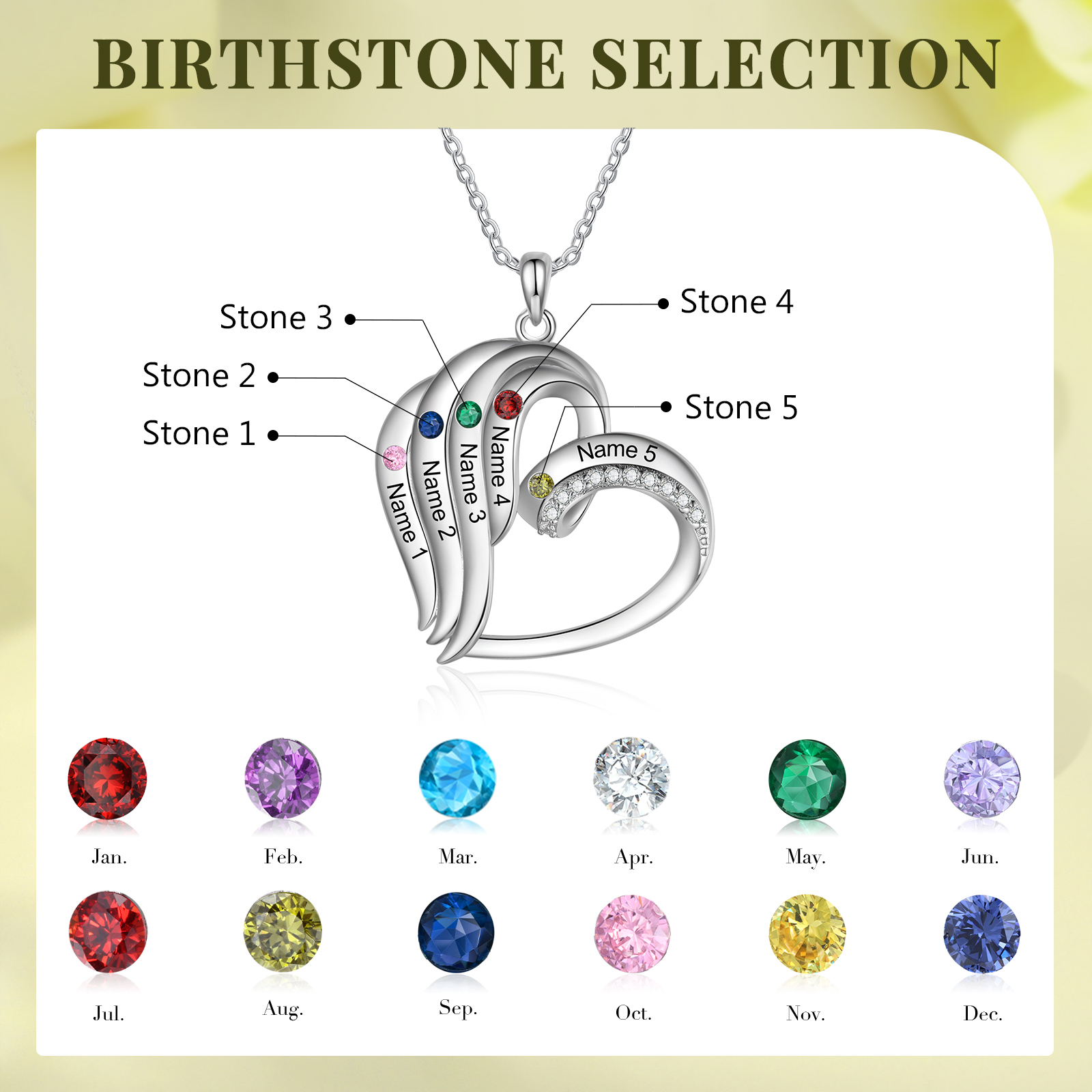 Collar en corazón con 2-5 nombres personalizados y 2-5 piedras de nacimiento-Jessemade ES