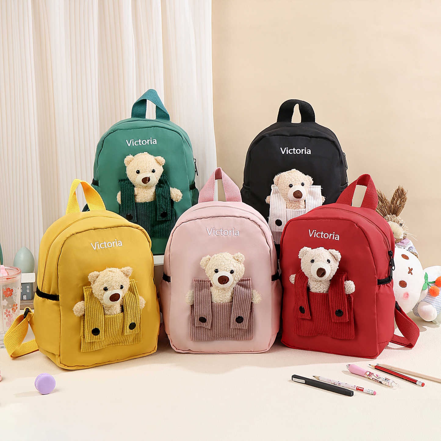 Mochilas escolares para los niños con peluche de oso con nombre personalizado bordado