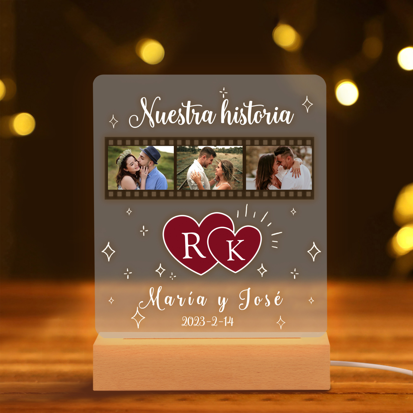Lámpara para pareja 3D Ilusión Luz de Noche LED 2 letras, 2 textos, fecha y 3 fotos personalizados -Jessemade ES