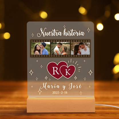 Lámpara para pareja 3D Ilusión Luz de Noche LED 2 letras, 2 textos, fecha y 3 fotos personalizados -Jessemade ES