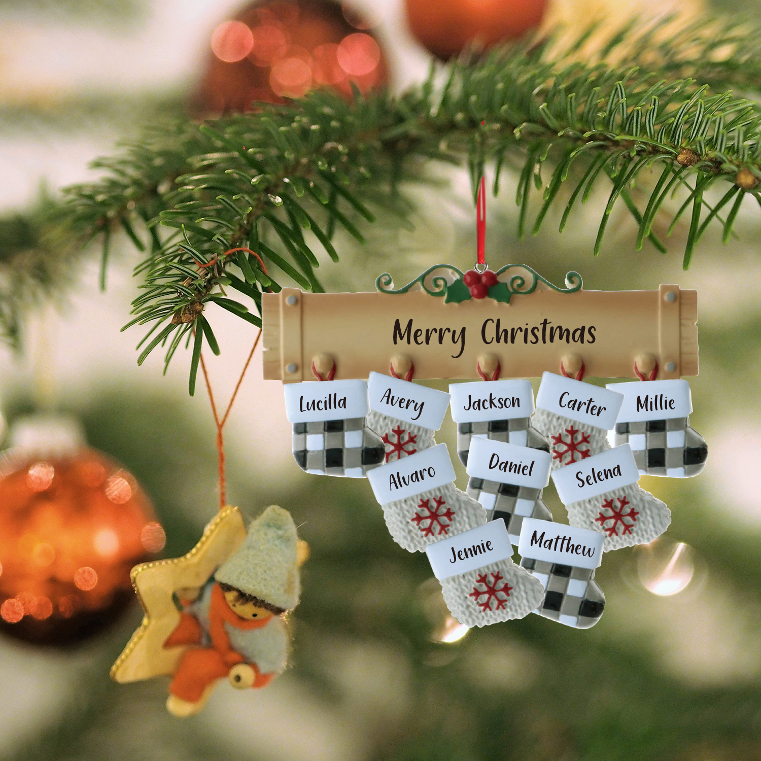 Navidad-Ornamento muñecos navideño de madera calcetines 10 nombres y 1 texto personalizados adorno del árbol-Jessemade ES