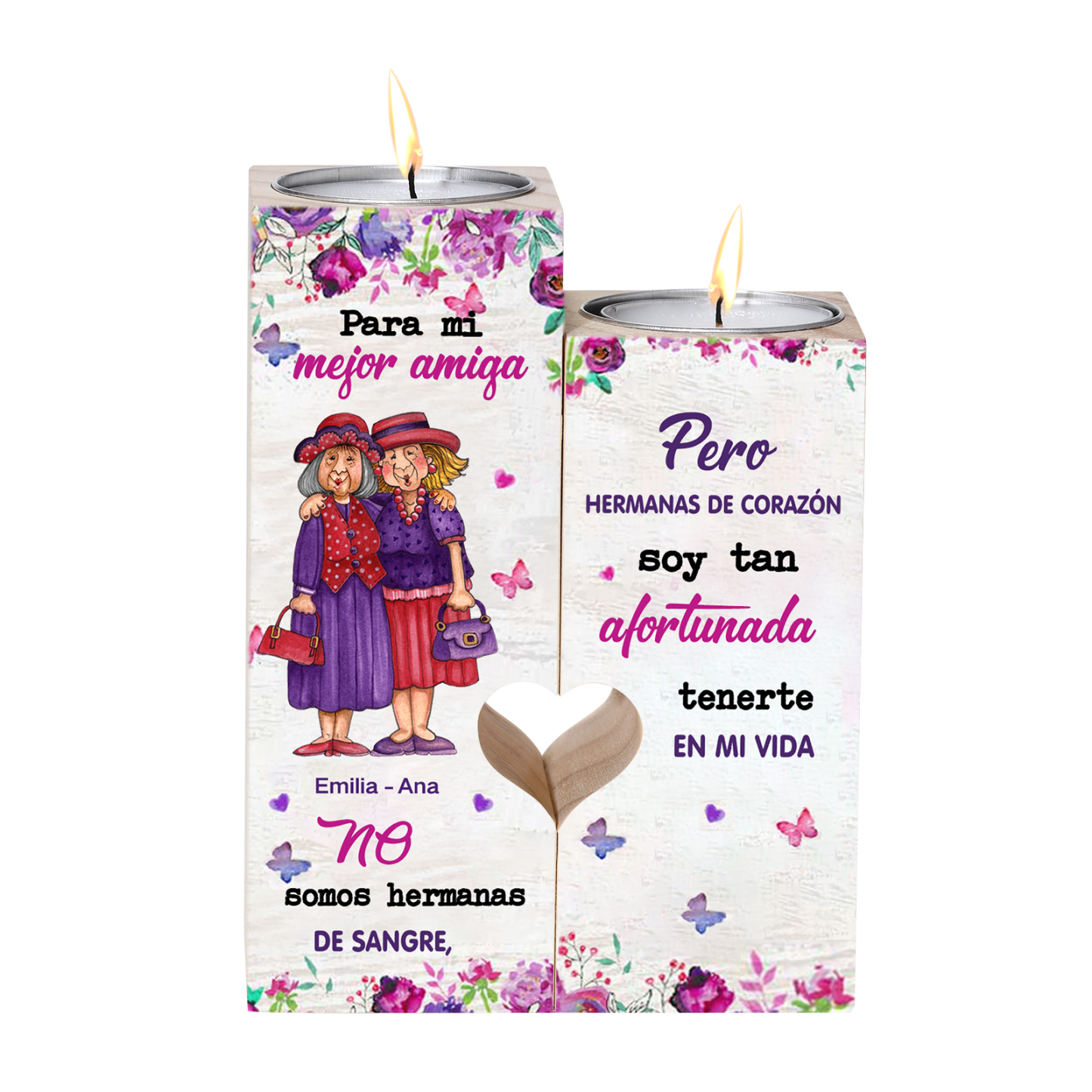 Candelero para amiga de madera de dos piezas sin candela con nombres personalizados-Jessemade ES