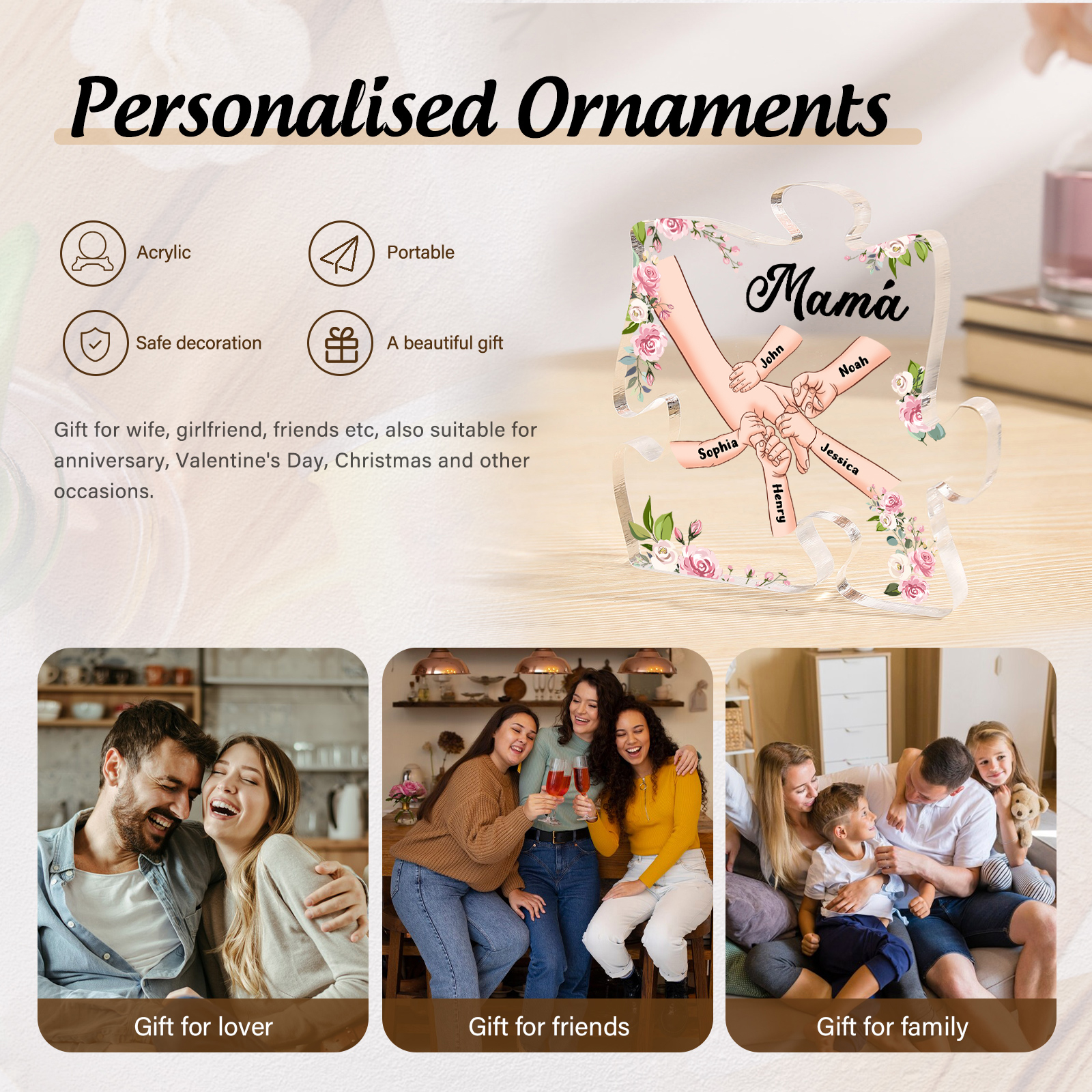 A mi mamá/abuela-Placa de acrílico en forma de corazón mano a mano con 1 texto y 5 nombres personalizados | Jessemade