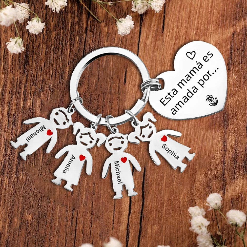 A mi mamá - Kit de regalo de cartera, llavero con "4 niños", tarjeta y caja nombre y flor de nacimiento personalizados | Jessemade