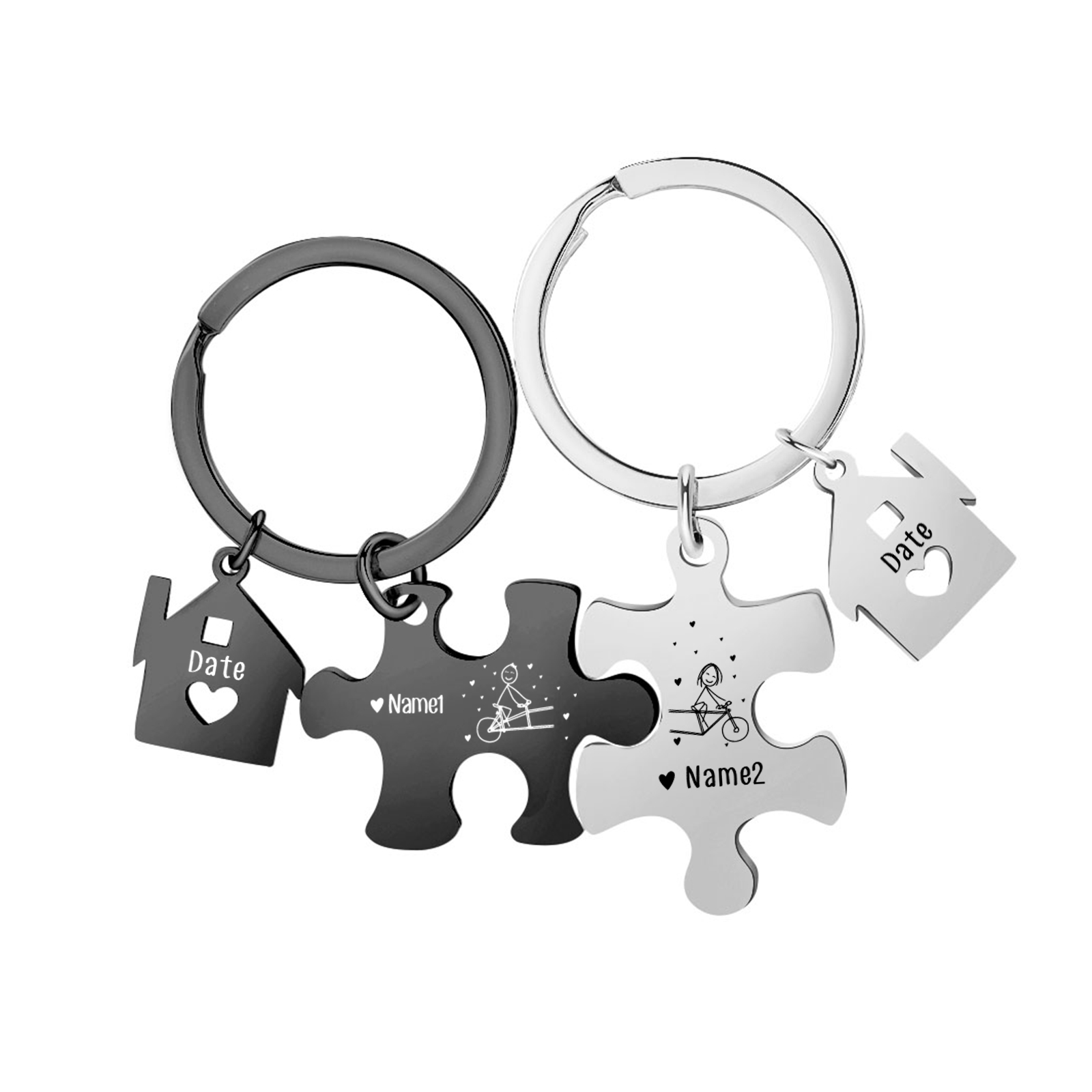Llavero para pareja rompecabezas 2 nombres personalizados con fecha dije de casa-Jessemade ES