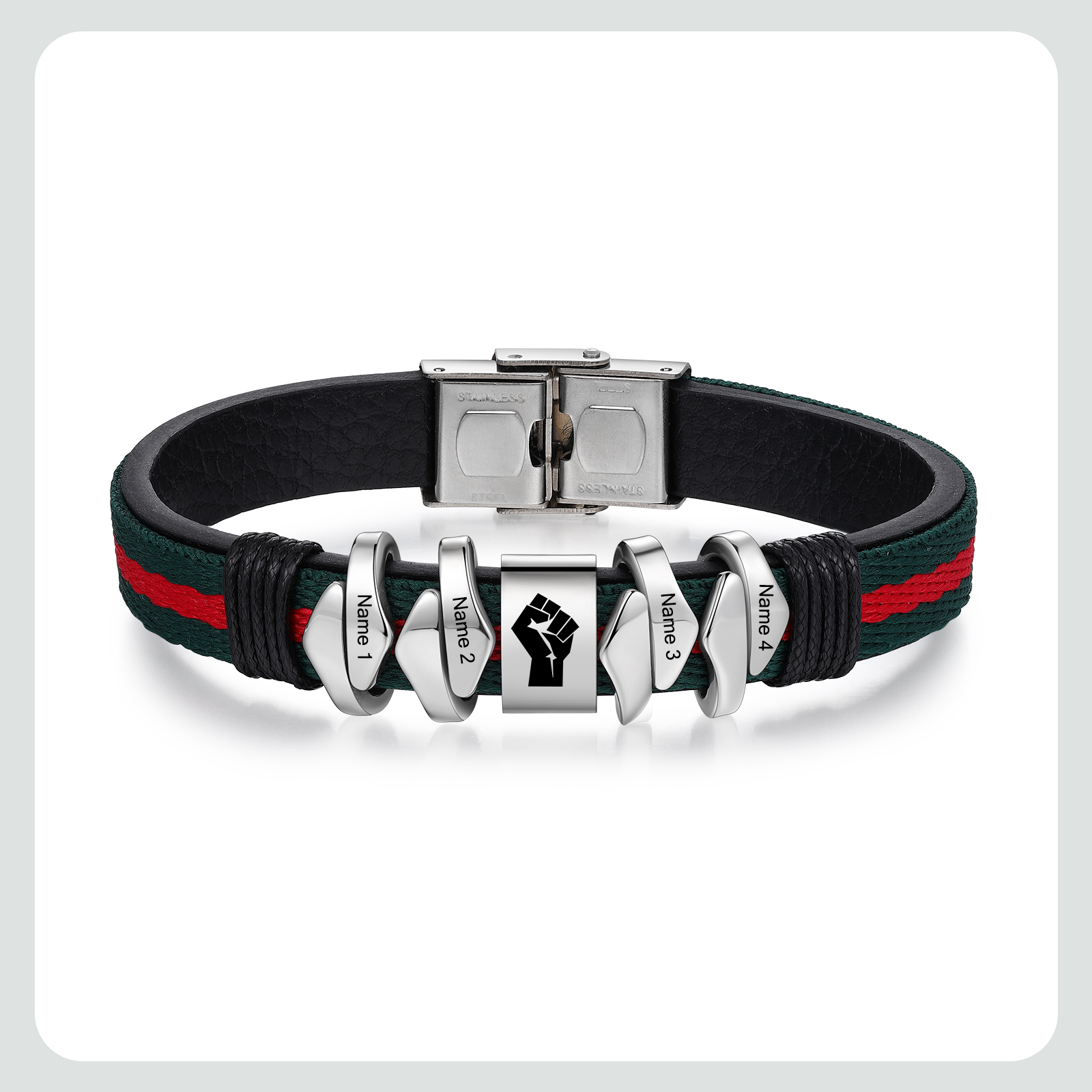 Pulsera 4 Nombres Personalizados de Cuero y Cuerda con Aros-Jessemade ES