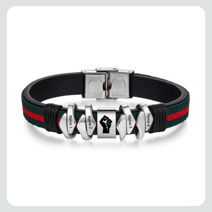 Pulsera 4 Nombres Personalizados de Cuero y Cuerda con Aros-Jessemade ES