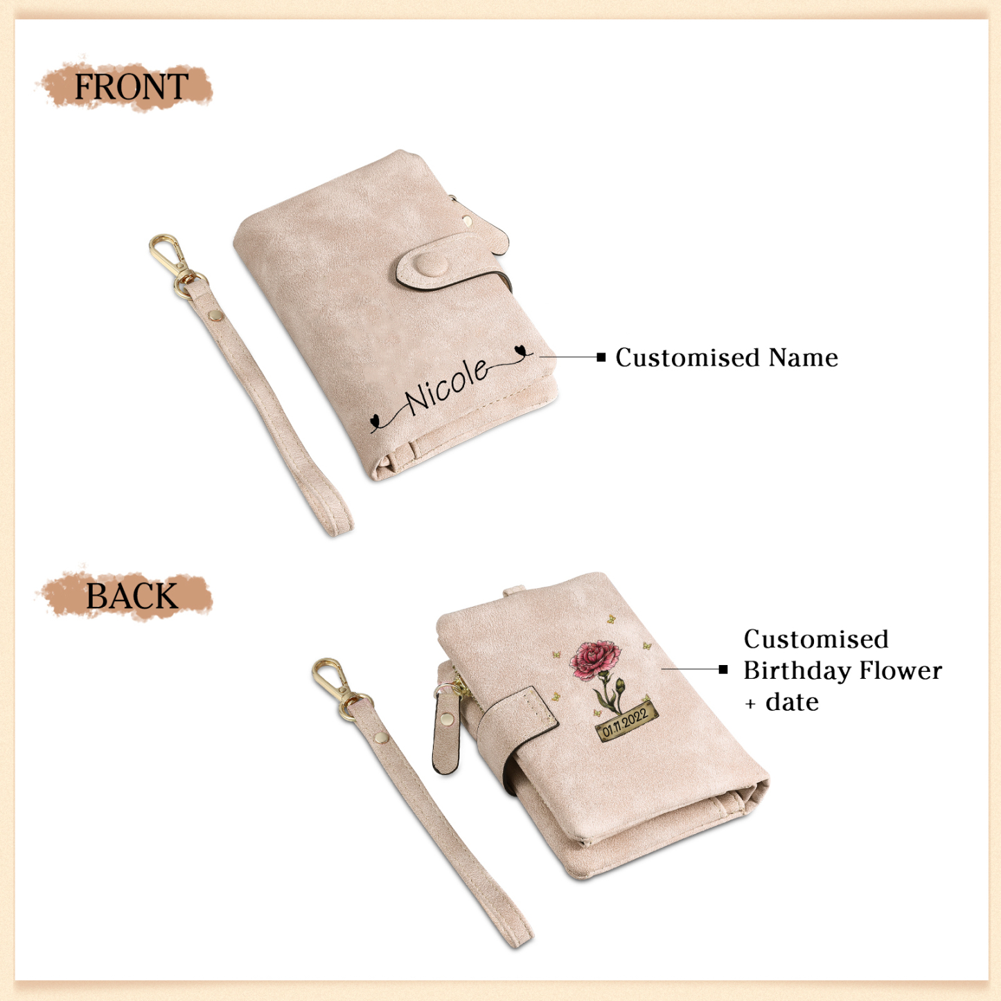 Cartera, billetera con 1 nombre, 1 fecha y 1 flor de nacimiento personalizados monedero clásico para mujer