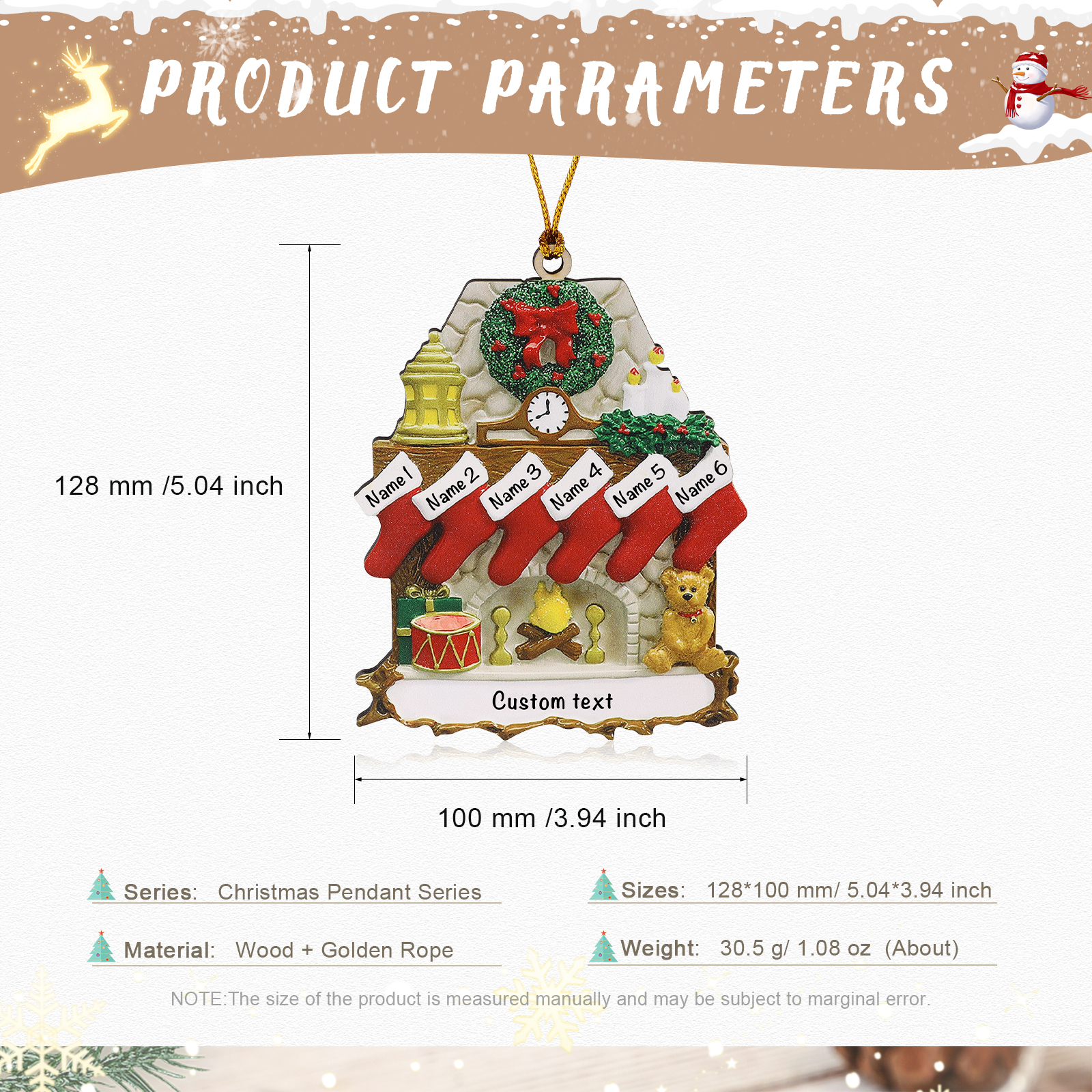 Navidad-Ornamento navideño de madera chimenea y calcetines con 6 nombres y 1 texto personalizados