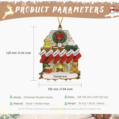 Navidad-Ornamento navideño de madera chimenea y calcetines con 6 nombres y 1 texto personalizados
