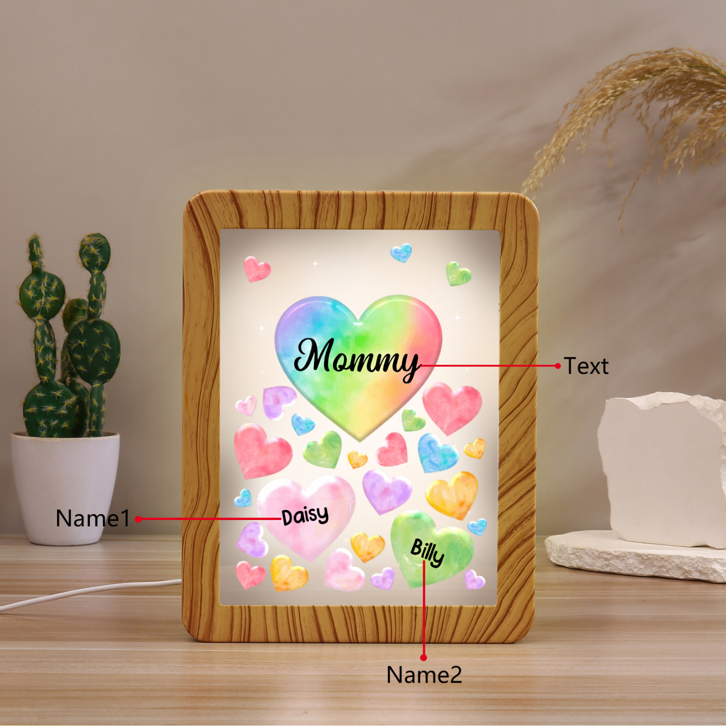 Marco/Espejo con LED Multifuncional Corazones 1-7 Nombres Personalizados con 1 Texto-Jessemade ES