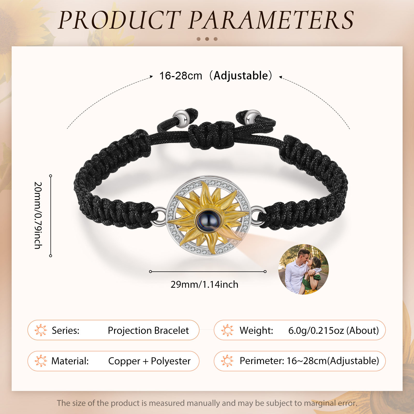 Pulsera con proyección de foto con dije de girasol cuerda negra-Jessemade ES