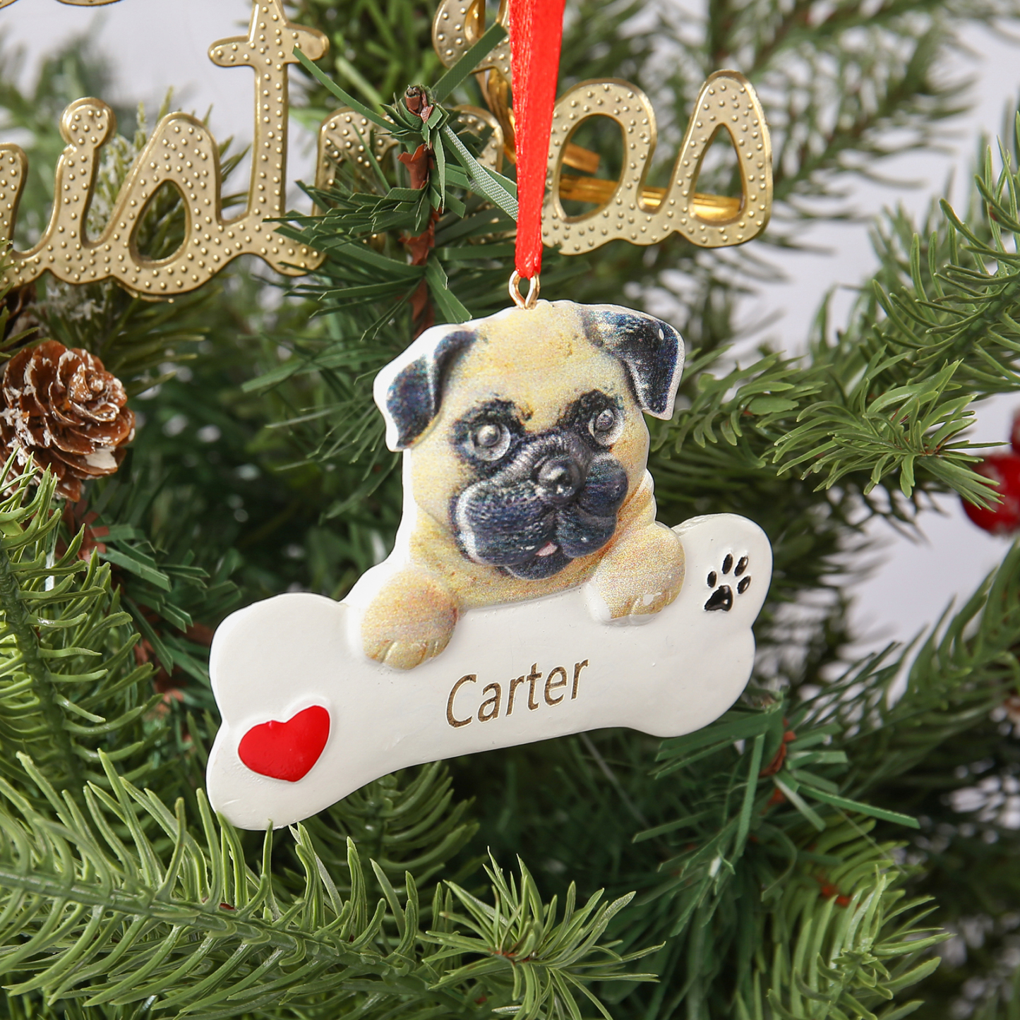 Navidad-Ornamento navideño de resina mascota perro Doguillo 1 nombre personalizado adorno del árbol