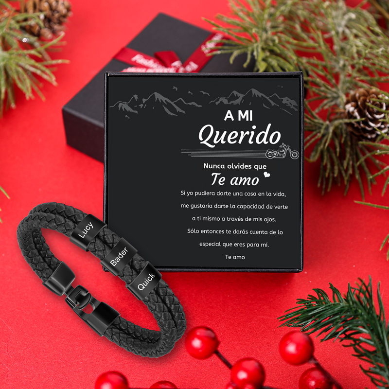 A mi querido-Pulsera de cuero trenzado 3 aros con 3 nombres personalizados pulsera de hombre-Jessemade ES