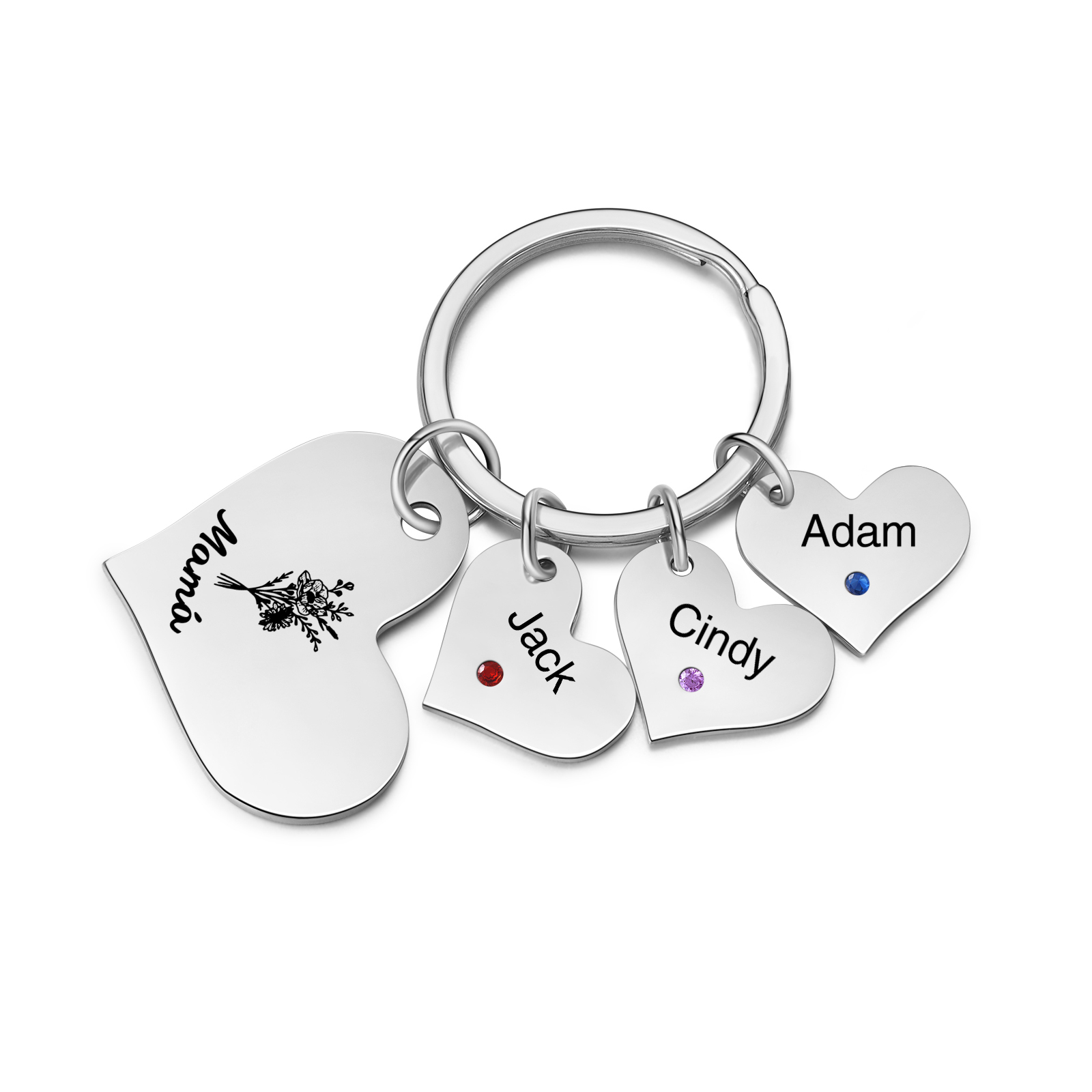A mi mamá/abuela - Llavero con 3 nombres y piedras de nacimiento personalizados en corazones con texto y flor-Jessemade ES
