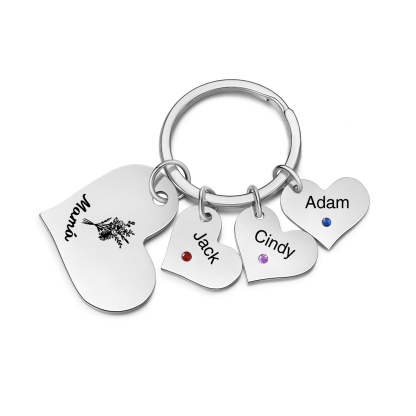 A mi mamá/abuela - Llavero con 3 nombres y piedras de nacimiento personalizados en corazones con texto y flor-Jessemade ES