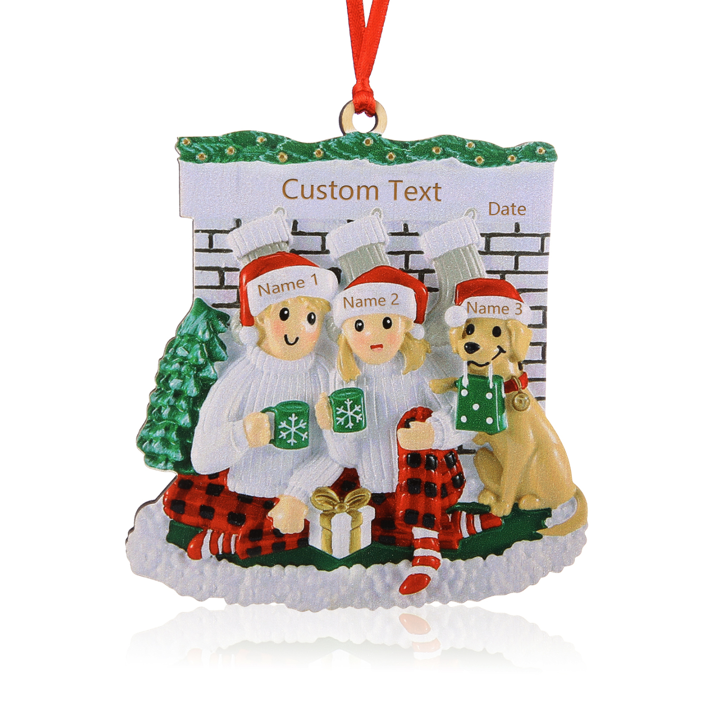 Navidad-Muñecos Ornamentos Navideños Familia con Perro 3-5 Nombres, Año y Texto Personalizados Adorno de Madera-Jessemade ES