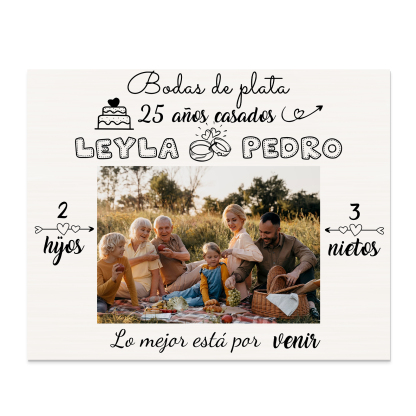 Lámina marco de madera para aniversario de boda 1 texto, 2 nombres y 3 números personalizados con 1 foto-Jessemade ES