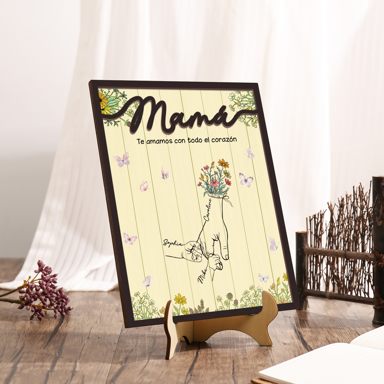 A mi mamá-Adorno 3-9 nombres personalizados decoración de madera mano con manitos-Jessemade ES