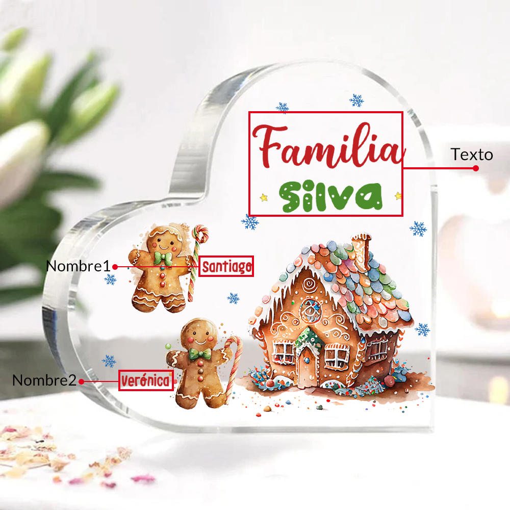 Navidad - Placa de acrílico en forma de corazón jengibres y su casa con 2 nombres y 1 texto personalizados-Jessemade ES