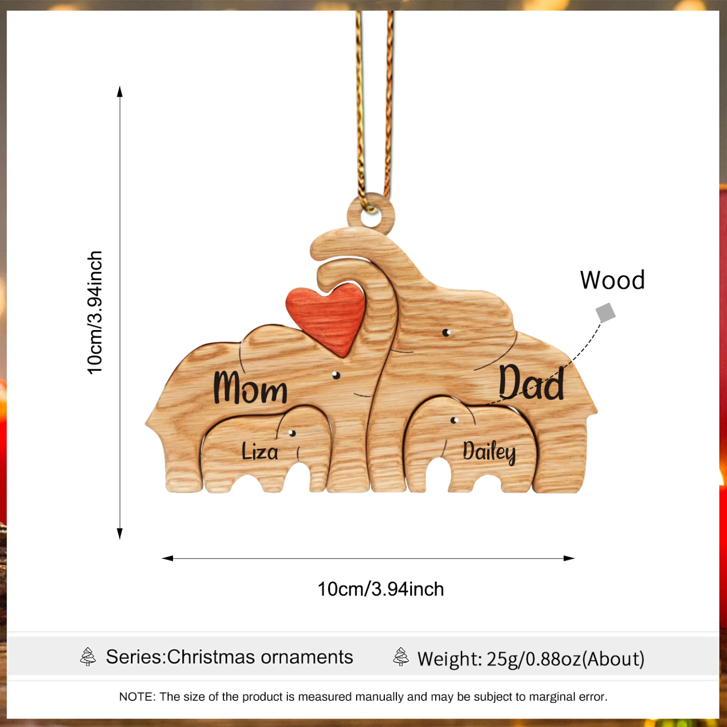 Navidad-Ornamento muñecos navideño de madera familia de elefantes 4 nombres personalizados adorno del árbol-Jessemade ES