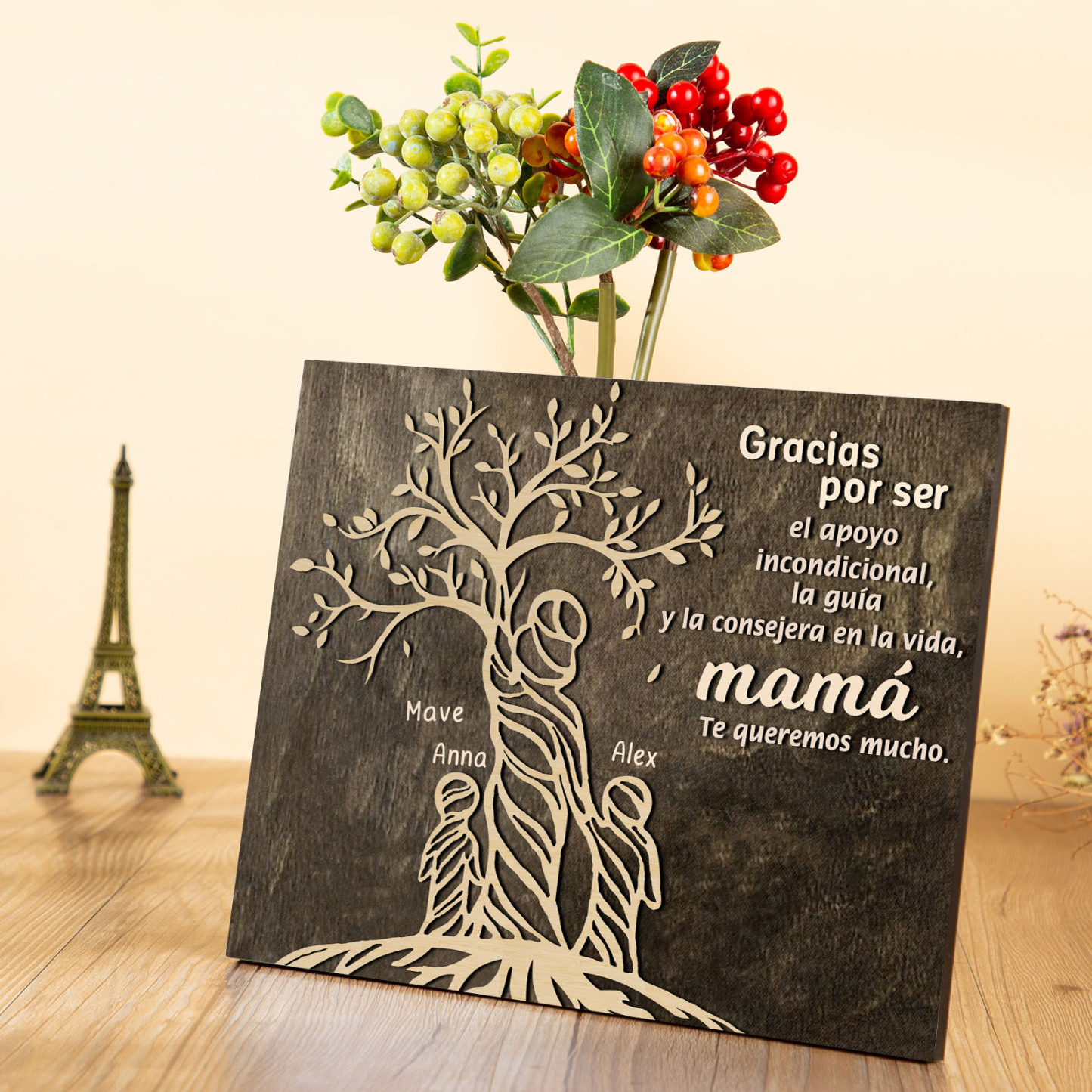 A mi mamá-Lámina mujer de árbol marco de madera personalizado con 3 nombres-Jessemade ES