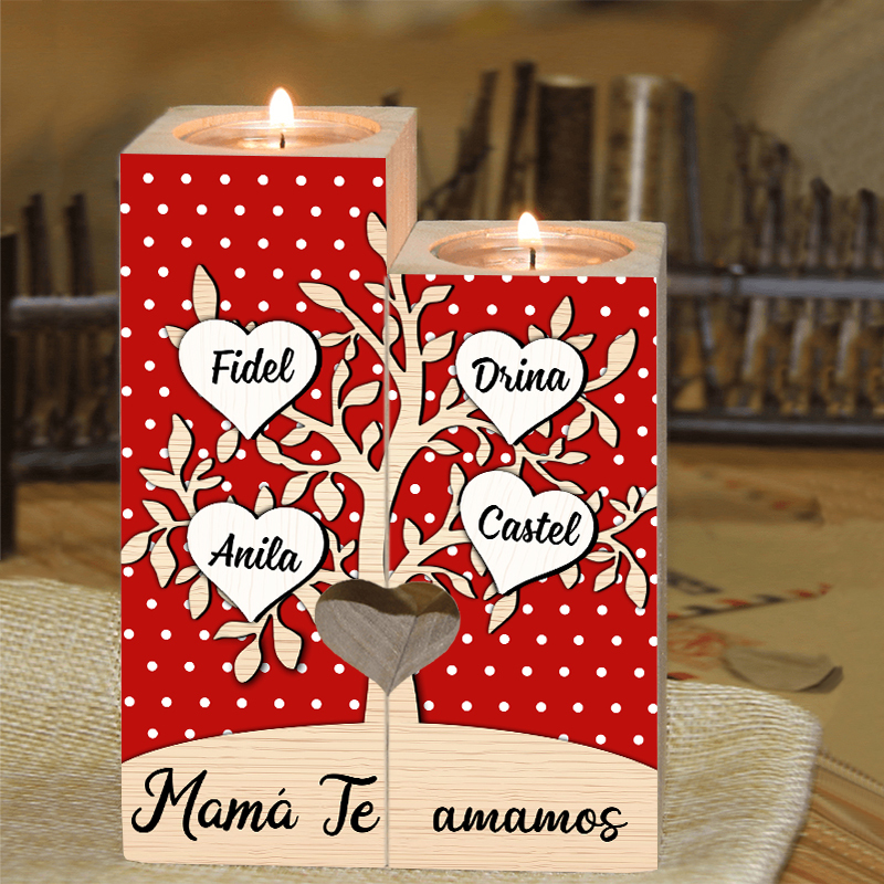 A la familia-Candelero de árbol de la vida de madera personalizado con 3-8 nombres y 1 texto sin vela-Jessemade ES