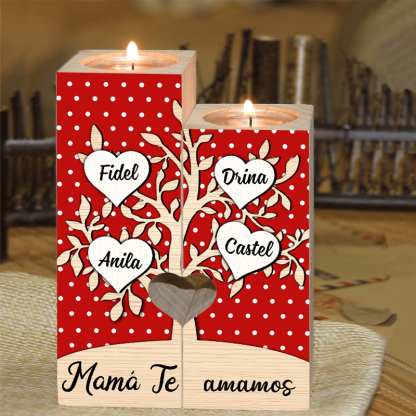 A la familia-Candelero de árbol de la vida de madera personalizado con 3-8 nombres y 1 texto sin vela-Jessemade ES