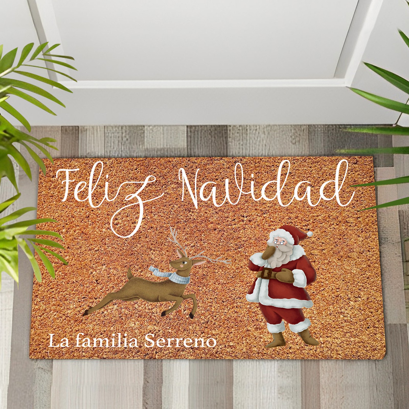 Navidad-felpudo/alfombra de entrada reno y Noel personalizado con 1 texto-Jessemade ES