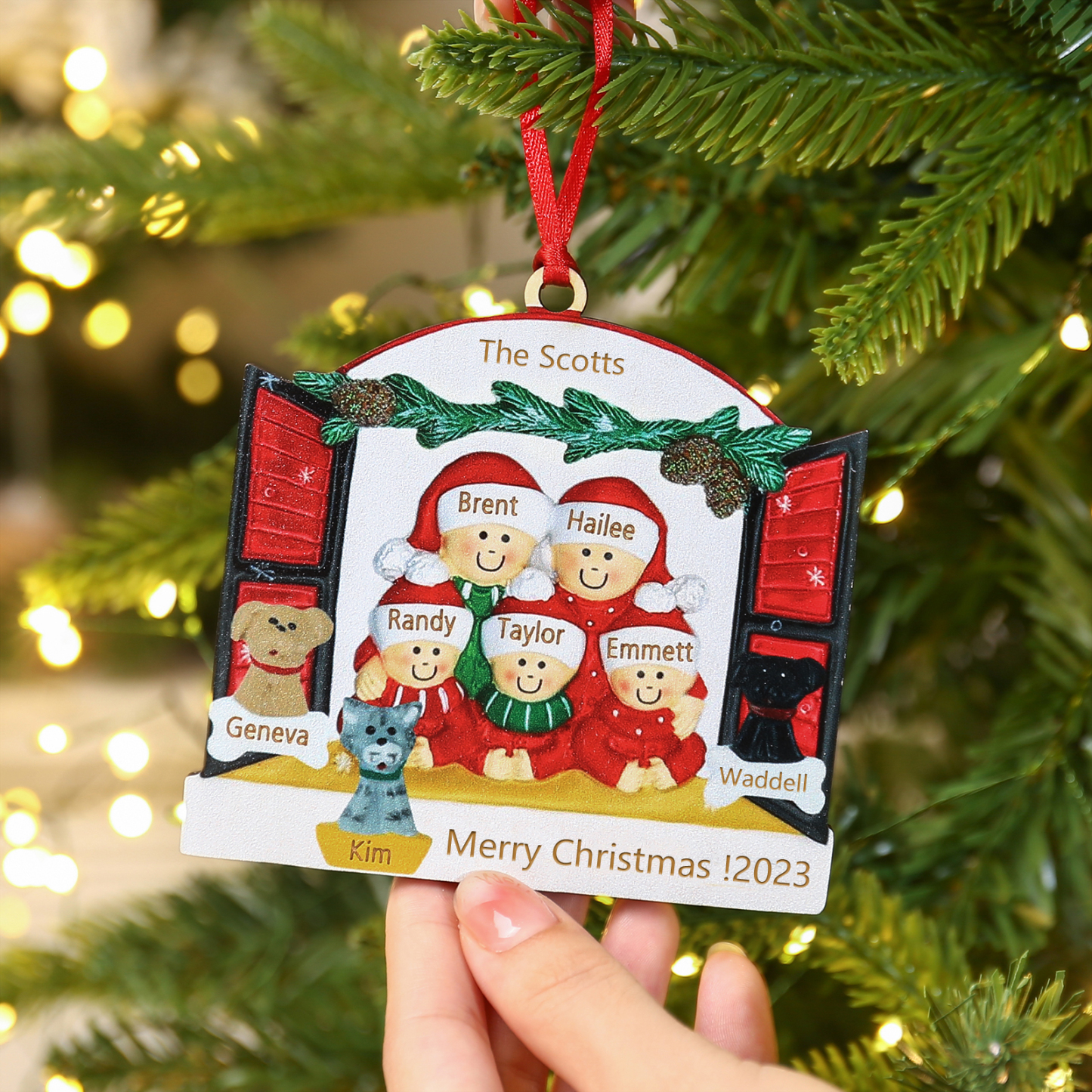 Navidad-Ornamento muñecos navideño de madera familia de 5 con 2 perros y gato y 2 textos y año personalizados adorno del árbol-Jessemade ES